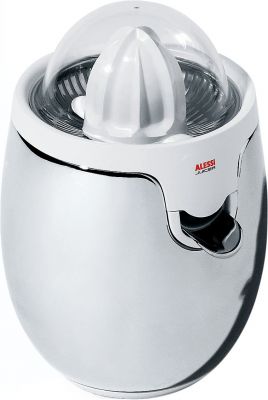 Alessi Zitronenpresse SG63 W, elektrische Saftpresse aus Edelstahl mit transparentem Deckel und Ausgießer.